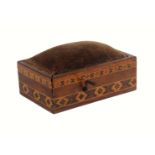 Tunbridge ware - sewing - a rare rectangular pin cushion lid box incorporating a musical box, the