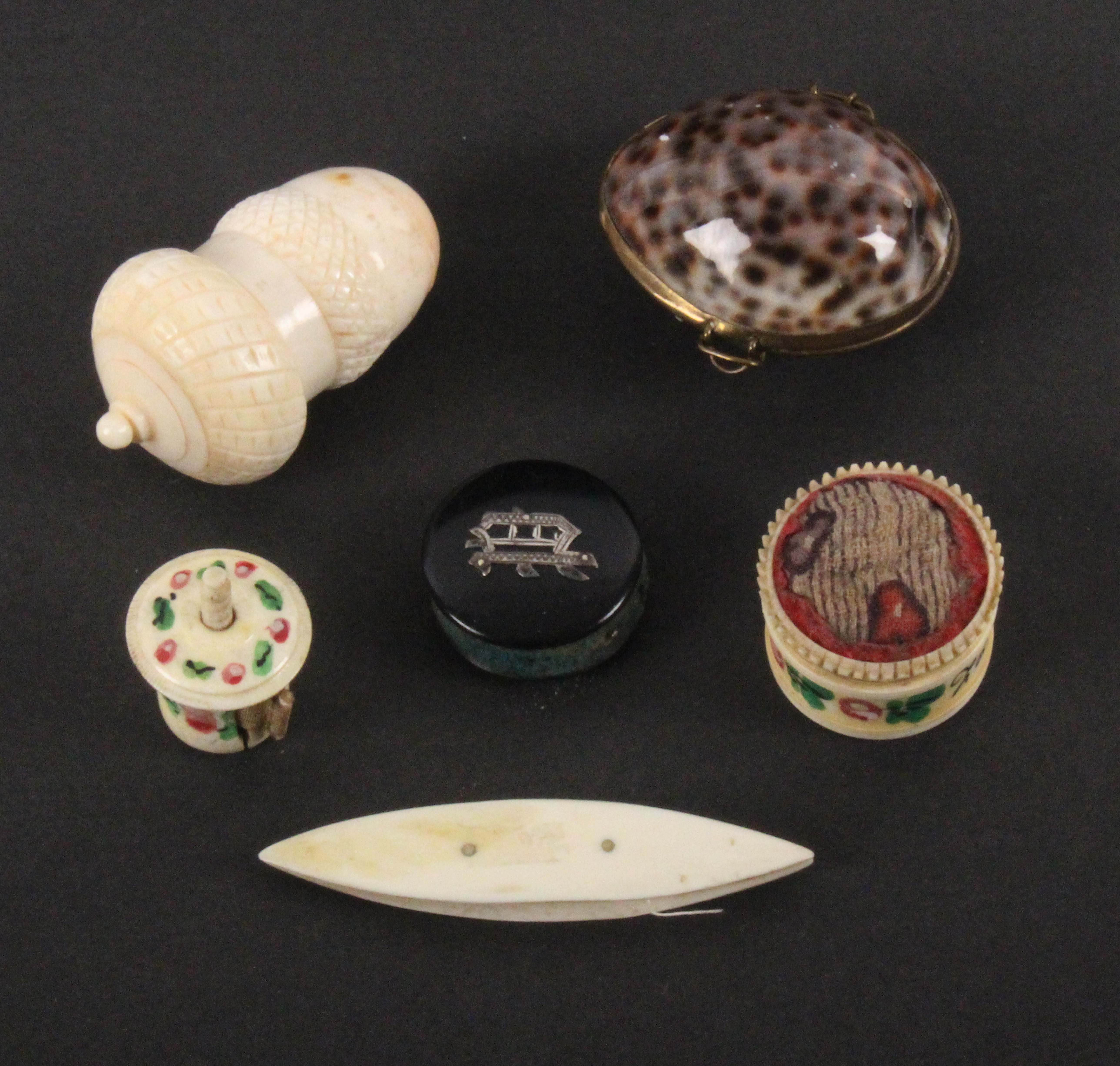 A mixed lot - sewing, comprising a painted bone circular pin cushion inscribed 'Forget me not',