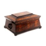 A rosewood and inlaid sewing box, circa 1840, of sarcophagal form, the front and lid inlaid in