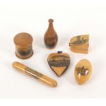 Mauchline ware - sewing - six pieces, comprising a slant top thimble box (Ely Cathedral) with