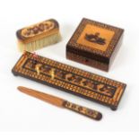 Tunbridge ware - four pieces, comprising a floral mosaic cribbage board raised on four bun feet,