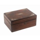 A rosewood and mother of pearl inlaid sewing box, circa 1880, of rectangular form, the front and lid