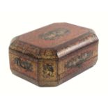 A Chinese export lacquer sewing box, of canted corner rectangular form, circa 1830, decorated in red