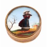 A small circular French bonbonniere, circa 1850, the top with a printed and painted glass panel of