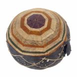 An 18th Century 'Spiders Webb' silk pin ball, in green, purple, brown and cream, 5cms dia.