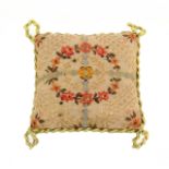 Princess Mary's pin cushion, one side in floral and leaf material within silk rope work border