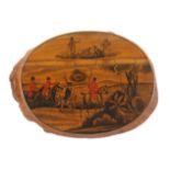 A fine Scottish root wood oval snuff box, with wooden hinge, the lid with a hunting scene in paint