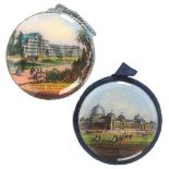 Two reverse glass decorated circular pin cushions, comprising a titled example 'The International