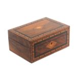 A walnut and geometric bordered sewing box, of rectangular form, circa 1890, the front and lid