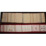 Two 19th Century continental strip samplers, one mounted on red cloth with numerous panels including