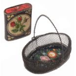 A pin basket and an emery, the pin basket in woven wire with swing handle the base inset with a