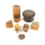 Mauchline ware - sewing - seven pieces, comprising a cylinder form sewing companion with matched