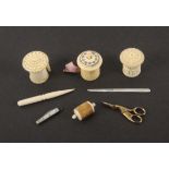A mixed lot - sewing, comprising three 19th Century ivory tape measures, one lacking base, largest
