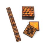Tunbridge ware - three pieces, comprising a rosewood 8ins. ruler divided by panels of geometric