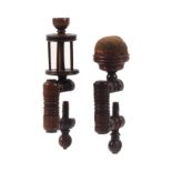 Two similar rosewood sewing clamps, each with ring turned frames and roundel turned screw terminals,