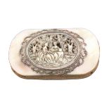 A fine mother of pearl pin cushion, of rounded end rectangular form, one side with a carved and