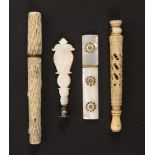 A mixed lot - sewing, comprising a 19th Century carved ivory cylinder case in the form of a branch