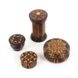 Tunbridge ware - four pieces, comprising a rosewood octagonal body go to bed decorated in