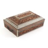 An Anglo-Indian carved sandal wood and Sadeli work sewing box, of sarcophagal form, circa 1840,