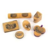 Mauchline ware - sewing - six pieces, comprising a needle book (Westgate, Canterbury), 6.5cms, a