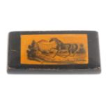 A Mauchline ware wooden hinge snuff box, the lid with a painted panel of two horses in open