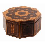 A fine George III netting box of octagonal form, circa 1780, the fan inlaid lid with eight flower