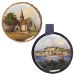Two reverse glass decorated circular pin cushions, both double sided, one with titled views 'Fair