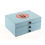 A pale blue painted three drawer counter chest, the top with Dewhurst's Three Shells Sylko Machine
