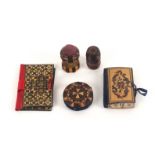 Tunbridge ware - sewing - five pieces, comprising a large needlebook with stick ware covers, 6.7cms,