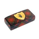 A Mauchline ware wooden hinge snuff box, decorated in untitled Tartan, the lid with central shield