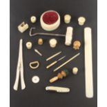 A mixed lot mostly 19th Century ivory and bone pieces, comprising a tusk section pin cushion, 8.