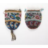 Two 19th Century bead work drawstring bags, each decorated with a band of flowers over boteh motifs,