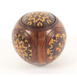 A rosewood Tunbridge ware sovereign ball, with six roundel turned panels of stick ware and mosaic,