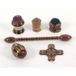 Tunbridge ware - sewing - six pieces, comprising a double ended glove darner with mosaic stem,