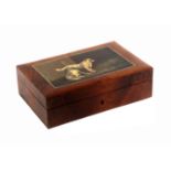 A Spa work mahogany sewing box, circa 1840, of rectangular form, the cushion lid painted with a