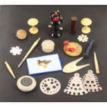 A mixed lot - sewing, comprising a rosewood standing combination tape measure/pin cushion, tape