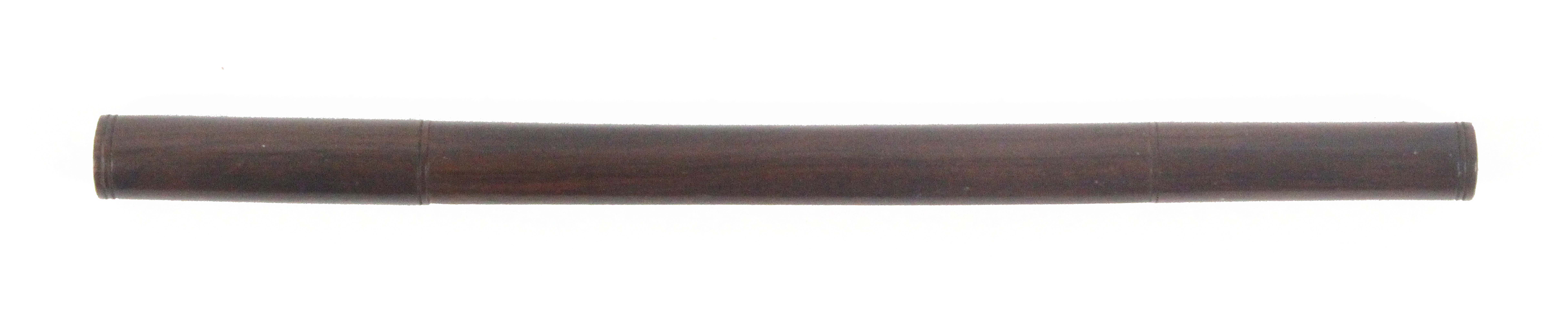A rare Tunbridge ware rosewood knitting needle cylinder, with work slot, each end with a panel of