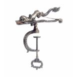 A 19th Century continental cast iron sewing clamp, the 'C' shaped frame with fancy screw terminal,
