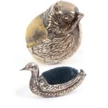 Two small silver bird form pin cushions, comprising a chick emerging from an egg, Chester, 1913 by