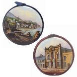 Two reverse glass decorated circular pin cushions, comprising a titled view 'Ventnor', 4.5cms