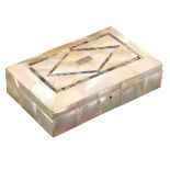 A fitted mother of pearl decorated etui, circa 1860, of rectangular form with canted lid veneered in
