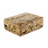 A 17th Century stump work rectangular box in relic condition, the silk ground decorated in raised