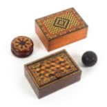 Tunbridge ware - four pieces, comprising a geometric turned rosewood half sovereign carpet ball,