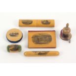 Mauchline ware - sewing - six pieces, comprising a needle book (Mostyn Street, Llandudno), 7.6cms,