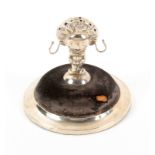 A scarce silver pin cushion, ring and hat pin stand, the circular weighted base with worn velvet pin