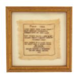 A fine miniature sampler dated 1833, worked in brown with three verses from Psalm CXIX and inscribed