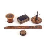 Tunbridge ware - five pieces, comprising a rosewood ring stand, the circular base on three bun