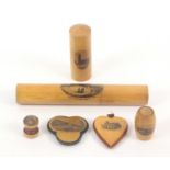 Mauchline ware - sewing - six pieces, comprising a knitting needle cylinder (Bridlington Quay,