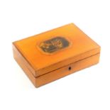 A George III white wood and print decorated netting box, of rectangular form, the lid with a