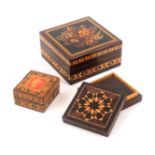 Tunbridge ware - three pieces, comprising a rosewood square form box, the sides with double bands of